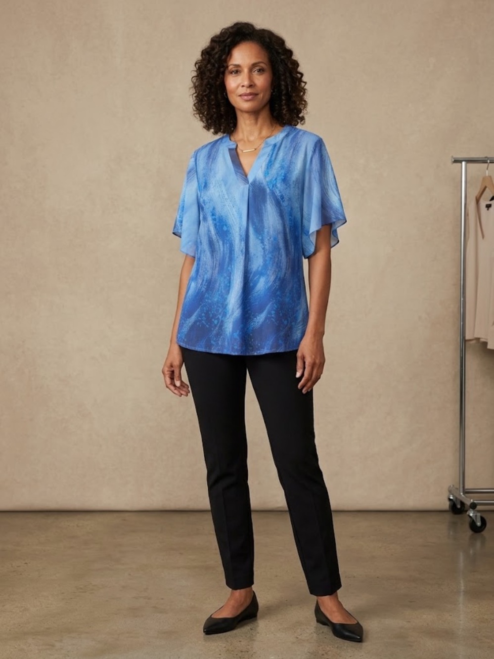 Timeson Blue Abstract V-Neck Pleated Blouse Short Sleeve Top XXL Like New